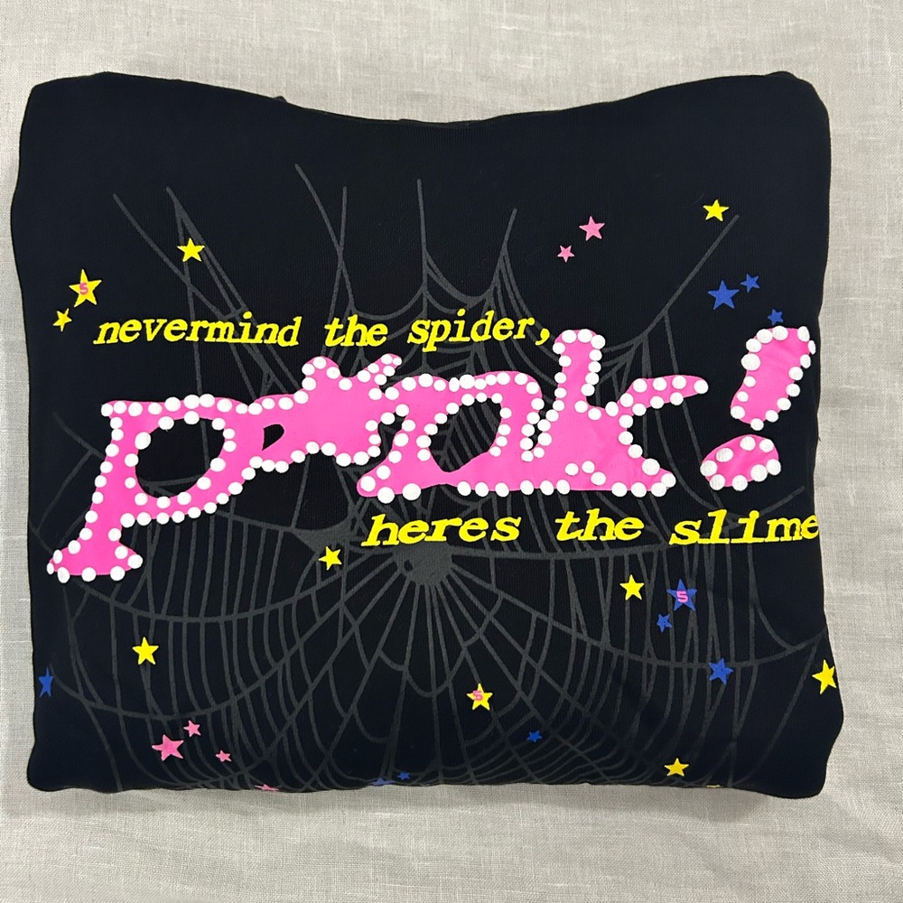 Black Graphic Sweatshirt with Pink and Yellow Text